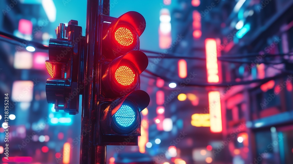 Poster red and blue traffic light in neon urban setting during nighttime : generative ai