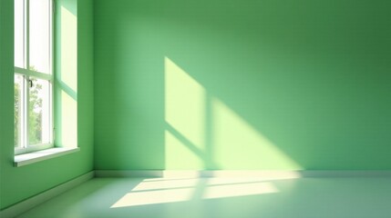 Obraz premium Serene Sunlight Illuminates a Pastel Green Room with a Single Window, Creating a Peaceful and Tranquil Atmosphere Perfect for Relaxation and Contemplation