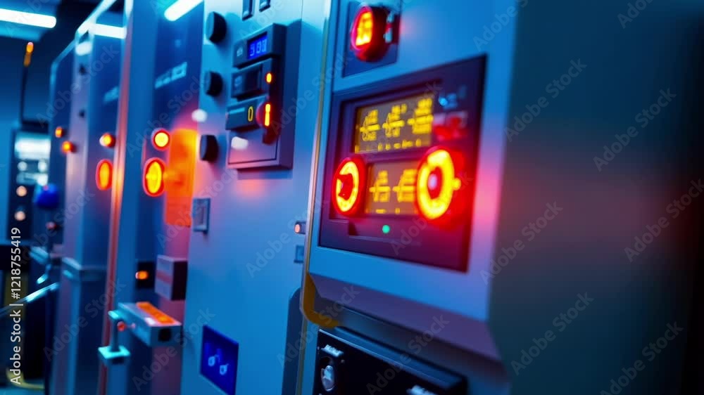 Poster control panel with illuminated dials and digital displays showing data in a modern industrial factor