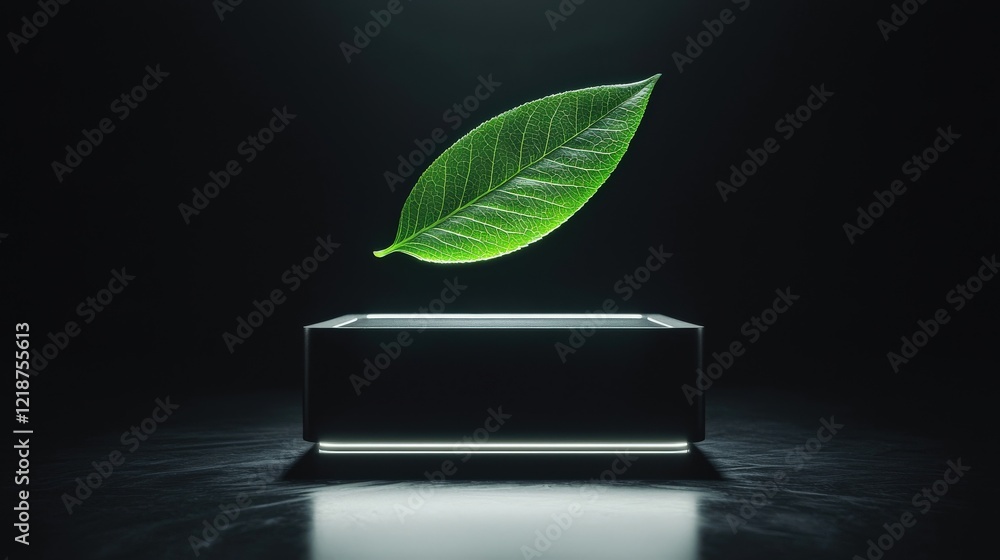 Poster green leaf floating above modern black box with soft backlight in dark studio environment