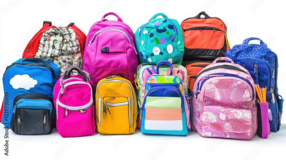 Poster a vibrant collection of colorful backpacks arranged neatly, showcasing various styles and patterns