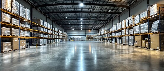 Fototapeta premium A wide-angle view of an empty warehouse with high ceilings and LED lighting, showcasing the vastness of industrial storage space for goods or materials. 