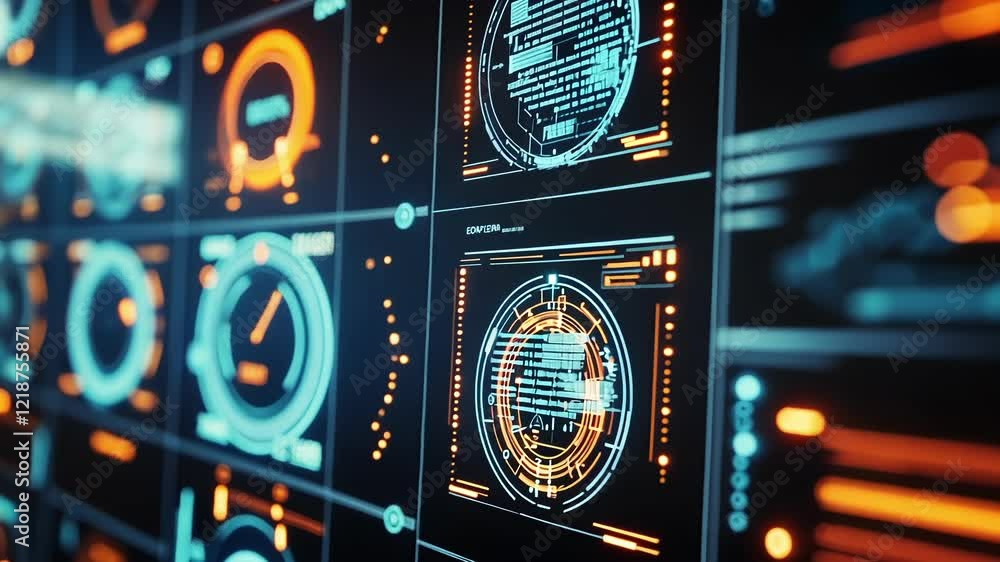 Poster futuristic server room monitoring system displaying elevated activity levels, suggesting ongoing dat