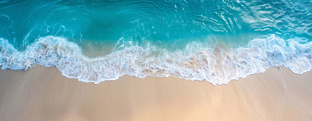 Blue sea ocean water wave on golden sand. Flat lay banner for vacation advertising, travel agency, holiday sales and backgrounds and backdrops with space for text
