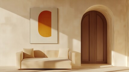 A Minimalist Living Room With A Beige Couch, Artwork, And Arched Wooden Door. Sunlight Streams Through The Room, Creating A Warm And Serene Atmosphere.