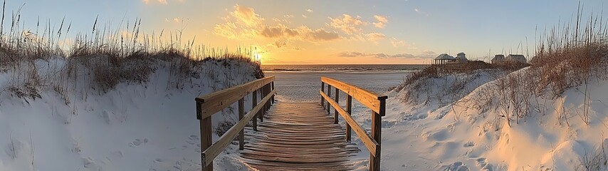 Obraz premium A wooden walkway leading to the beach, surrounded by dunes and sea grasses at sunset