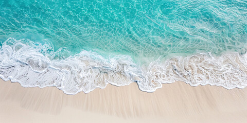 Obraz premium Blue sea ocean water wave on golden sand. Flat lay banner for vacation advertising, travel agency, holiday sales and backgrounds and backdrops with space for text