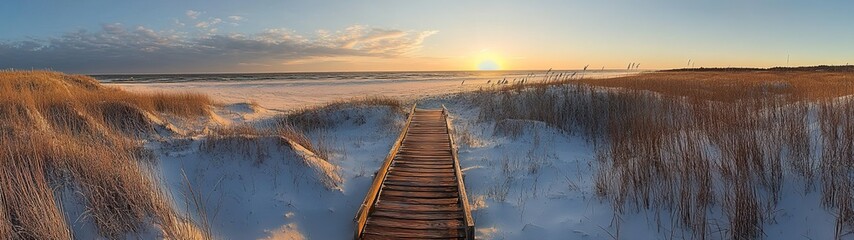 Fototapeta premium A wooden walkway leading to the beach, surrounded by dunes and sea grasses at sunset
