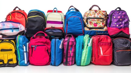Fototapeta premium A vibrant collection of colorful backpacks arranged neatly, showcasing various styles and sizes