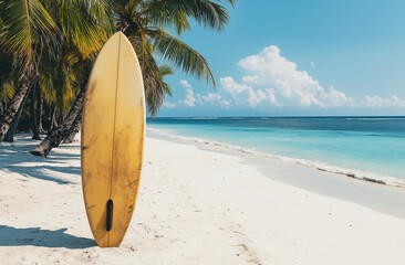 A vintage surfboard stands upright on the white sandy beach, with palm trees and clear blue water in the background, under soft sunlight, creating an idyllic summer vacation scene.