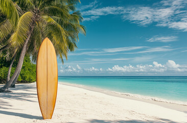 A vintage surfboard stands upright on the white sandy beach, with palm trees and clear blue water in the background, under soft sunlight, creating an idyllic summer vacation scene.