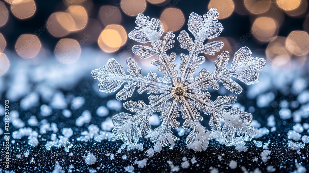Aufkleber delicate snowflake resting on a dark surface among scattered snow and soft glowing lights. generativ