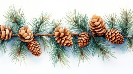 Watercolor illustration of pine tree branches with pinecones and red berries. Generative AI