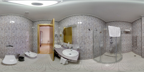Batumi, Georgia - March 11 2024:   Full spherical seamless hdr panorama 360 degrees view of Modern Bathroom Interior with Unique Tiled Walls and Contemporary Fixtures