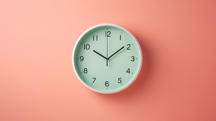 Mint green wall clock mounted on a peach-colored background under even lighting for a minimalist design aesthetic.