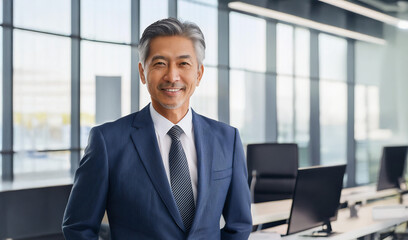 オフィスで撮影された笑顔の50代～60代のビジネスマンのポートレート（Portrait of a smiling businessman in his 50s or 60s photographed in an office）

