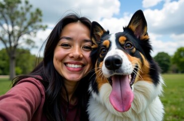 Portrait of a woman with her beautiful dog lying outdoors