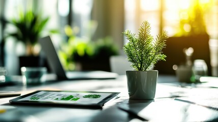 Green Plant Growing in Modern Office Space with Digital Devices and Sunlight Streaming Through Windows