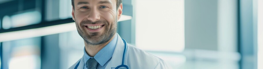 Fototapeta premium In a contemporary hospital, a friendly doctor, wearing a stethoscope, is happily providing patient care, embodying professionalism. The scene highlights modern healthcare with a welcoming atmosphere