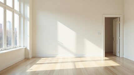 Fototapeta premium Bright Sunlight Illuminates an Empty Room with Light Hardwood Floors and a Single Open Doorway