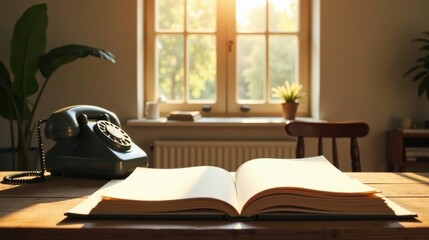 A sunlit room, an open book awaits, a vintage telephone rests nearby, peaceful ambiance