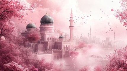 Obraz premium Enchanted Pink Mosque in Blossom: A Dreamlike Arabian Cityscape