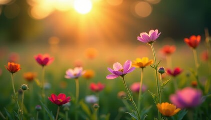 Fototapeta premium Soft focus sunset over vibrant wildflowers in sweet meadow, hazy background, rural, blurry