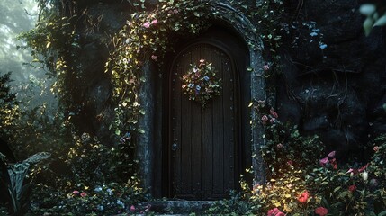 Fototapeta premium A door, surrounded by vines and flowers, set in an ancient forest with mysterious creatures lurking nearby.