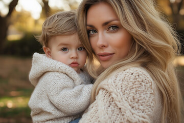 A beautiful blonde woman with long hair holding her young son in the park, The mother has light brown eyes and is smiling at the camera. 