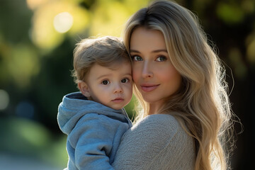 Obraz premium A beautiful blonde woman with long hair holding her young son in the park, The mother has light brown eyes and is smiling at the camera. 