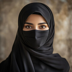 Naklejka premium A stunning woman with beautiful eyes wearing a black abaya and hijab, with half her face covered by a mask.