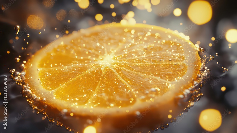 Poster a glowing lemon slice in water with tiny bubbles around it.
