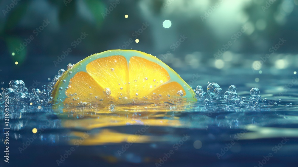 Poster a glowing lemon slice in water with tiny bubbles around it.