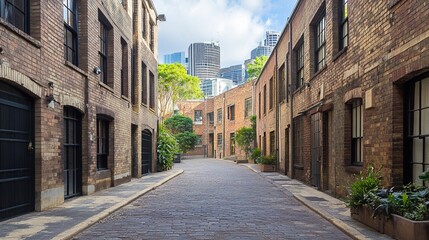 An alleyway in an industrial area of Sydney, with brick buildings and cobbled streets, has a cinematic feel