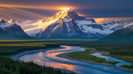 "Dramatic View of Mount McKinley Bathed in Golden Light with a Winding River Below"