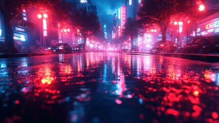 Rainy Night City Street Reflections, Cyberpunk