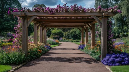 Fototapeta premium Garden with a wooden arbor covered in blossoming flowers - generated AI