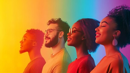  individuals of various cultural backgrounds, genders, and abilities standing confidently and smiling, with a soft, blurred rainbow-colored background symbolizing inclusivity, 16:9