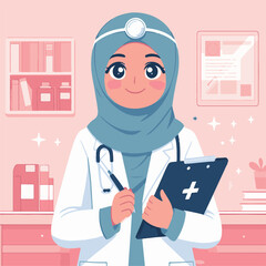 Flat design of a happy Muslim female doctor standing with a clipboard 7