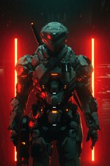 Naklejka premium Futuristic Samurai Warrior in Advanced Combat Armor