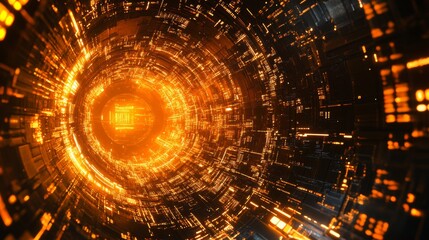Abstract futuristic digital technology design with orange and yellow glowing elements surrounding a cpu on a circuit board, showcasing advanced hi-tech components and intricate details in 3d rendering