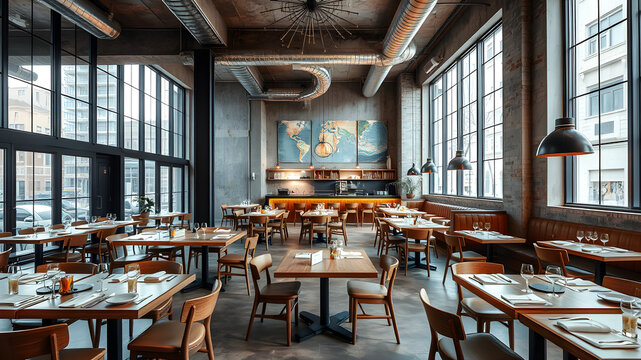 Cozy wooden interior in cafe, copy space. Comfortable modern dining place, contemporary design background. Generative AI