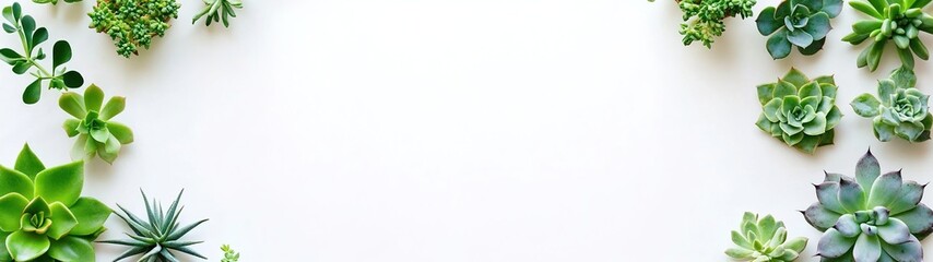 Edge of succulents on a white background, top view banner with copy space area. Modern home garden design concept. Green plants for interior decoration