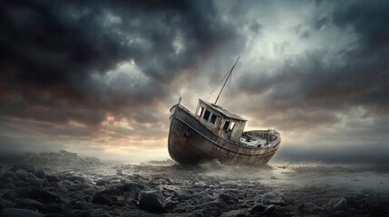 An eerie, weathered abandoned ship stranded on a rocky shore, with dramatic clouds and a moody atmosphere
