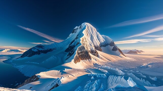 "View on a Sunny Day of the Icy Slopes of Mount Vinson in Antarctica Surrounded by a Frozen Landscape"