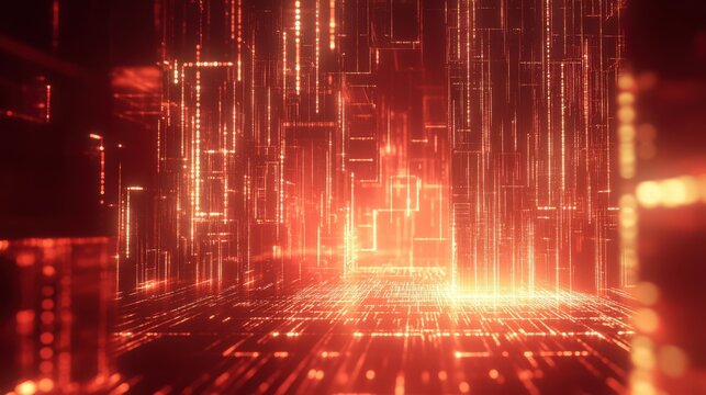 Abstract digital red matrix with interconnected lines and light points