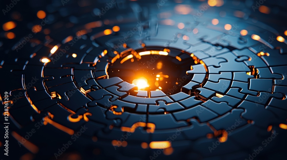 Poster Circular puzzle glowing with a radiant core, symbolizing unity