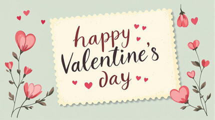 happy valentine's day in illustrated love note design with vintage postage stamp for romantic, nostalgic greeting