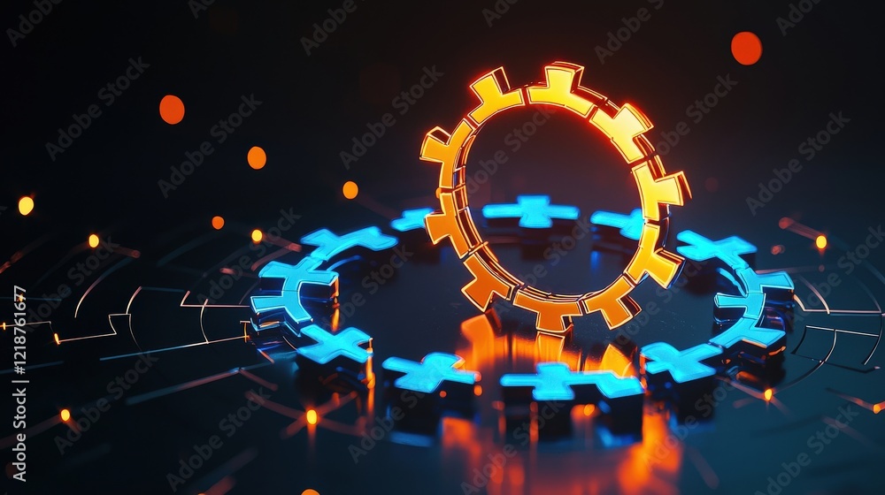 Poster Circular puzzle glowing with a radiant core, symbolizing unity