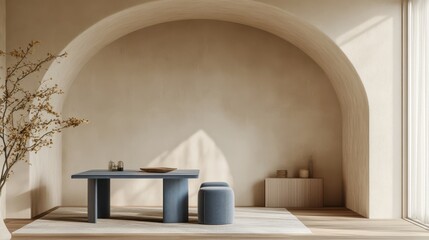 A Serene Minimalist Room With A Blue Table, Matching Ottomans, And A Neutral Color Palette.  Sunlight Streams In, Creating A Calm And Peaceful Atmosphere.